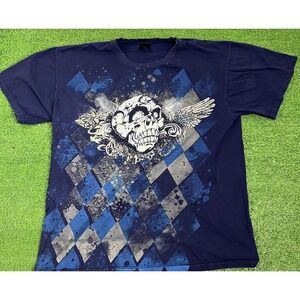 Vintage Y2K Graphic Tee size XL Navy Skull AOP Quail Hollow Indie Sleaze T-Shirt